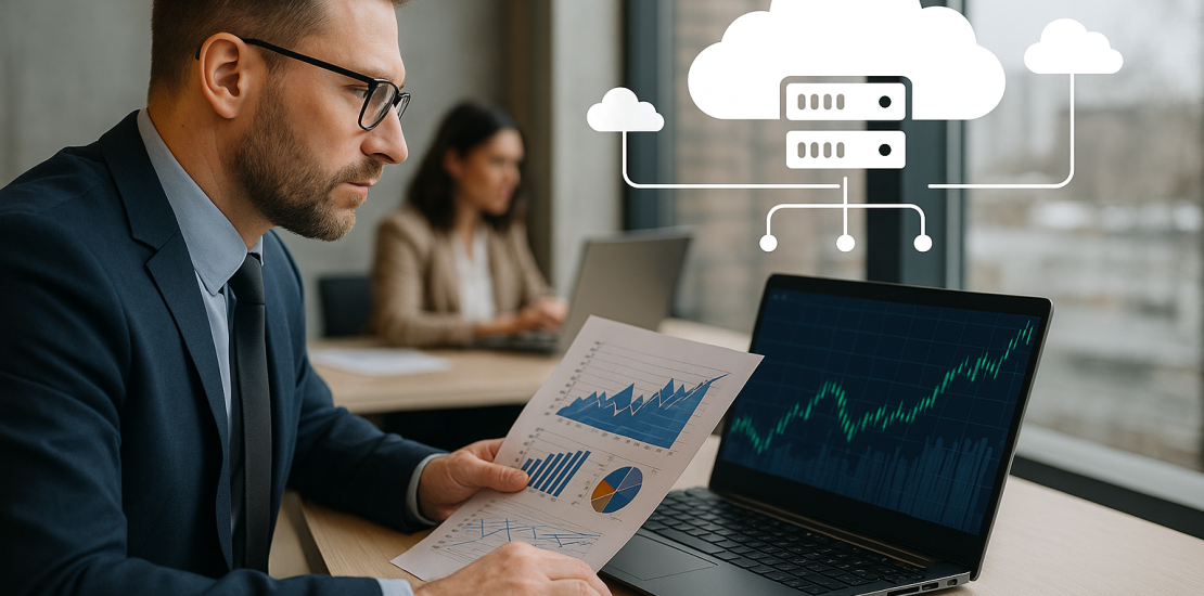 Investment professionals analyzing financial data and cloud-based analytics in a modern office, symbolizing cloud technology transforming the investment industry.