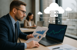 Investment professionals analyzing financial data and cloud-based analytics in a modern office, symbolizing cloud technology transforming the investment industry.