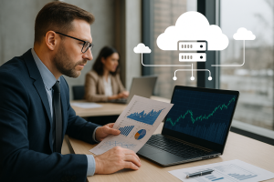 Investment professionals analyzing financial data and cloud-based analytics in a modern office, symbolizing cloud technology transforming the investment industry.